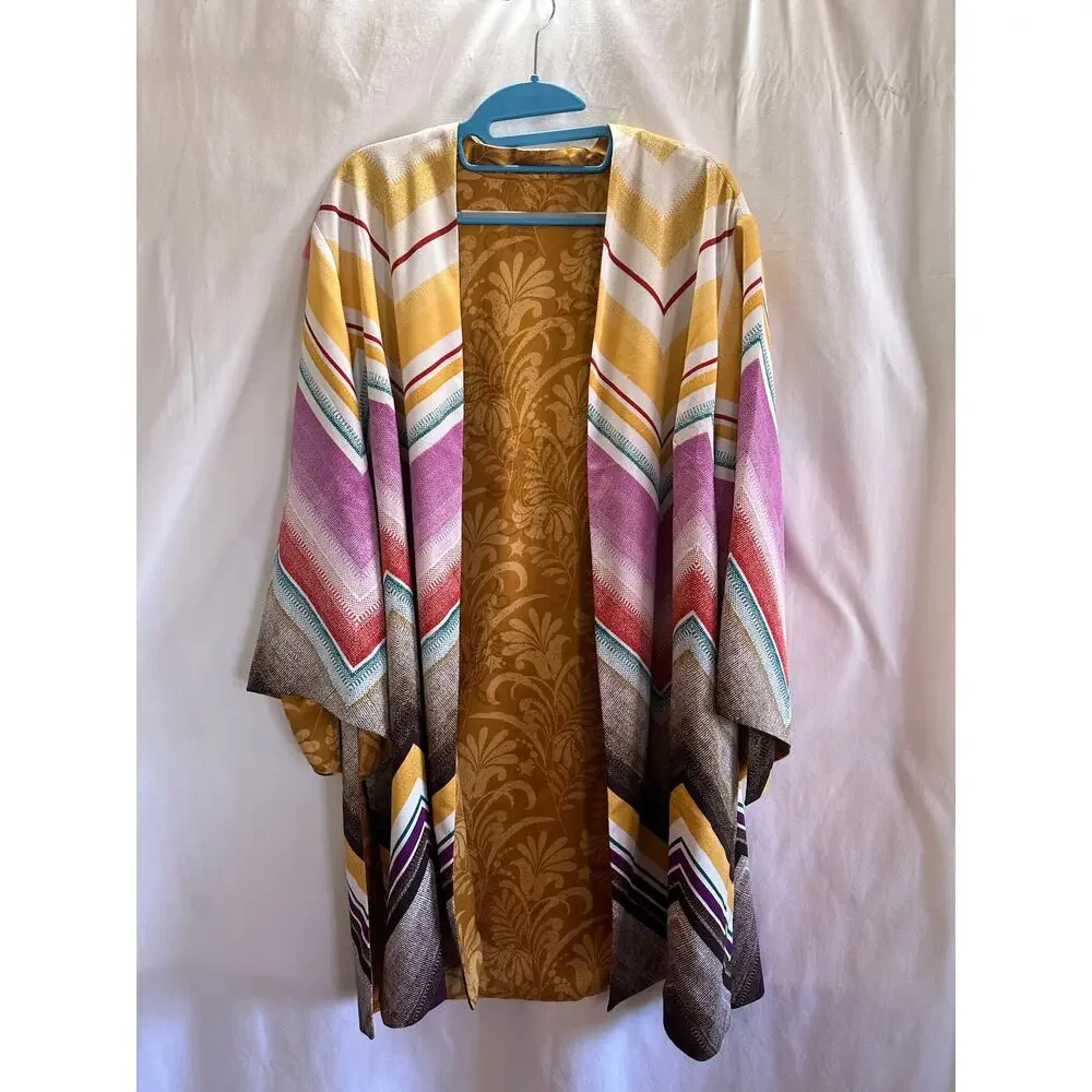 Reversible Boho Kimono Cardigan Mustard Chevron Print Flowy Sleeve Open Front - Picture 1 of 9